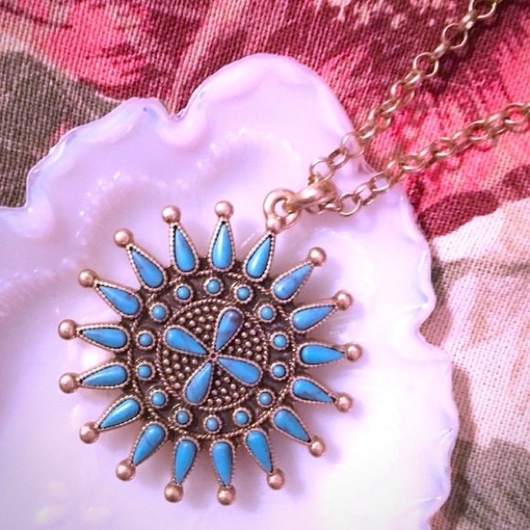 LUCKY BRAND Pendant Zuni Style Gold Turquoise Blue Chain Boho Necklace - Picture 2 of 8
